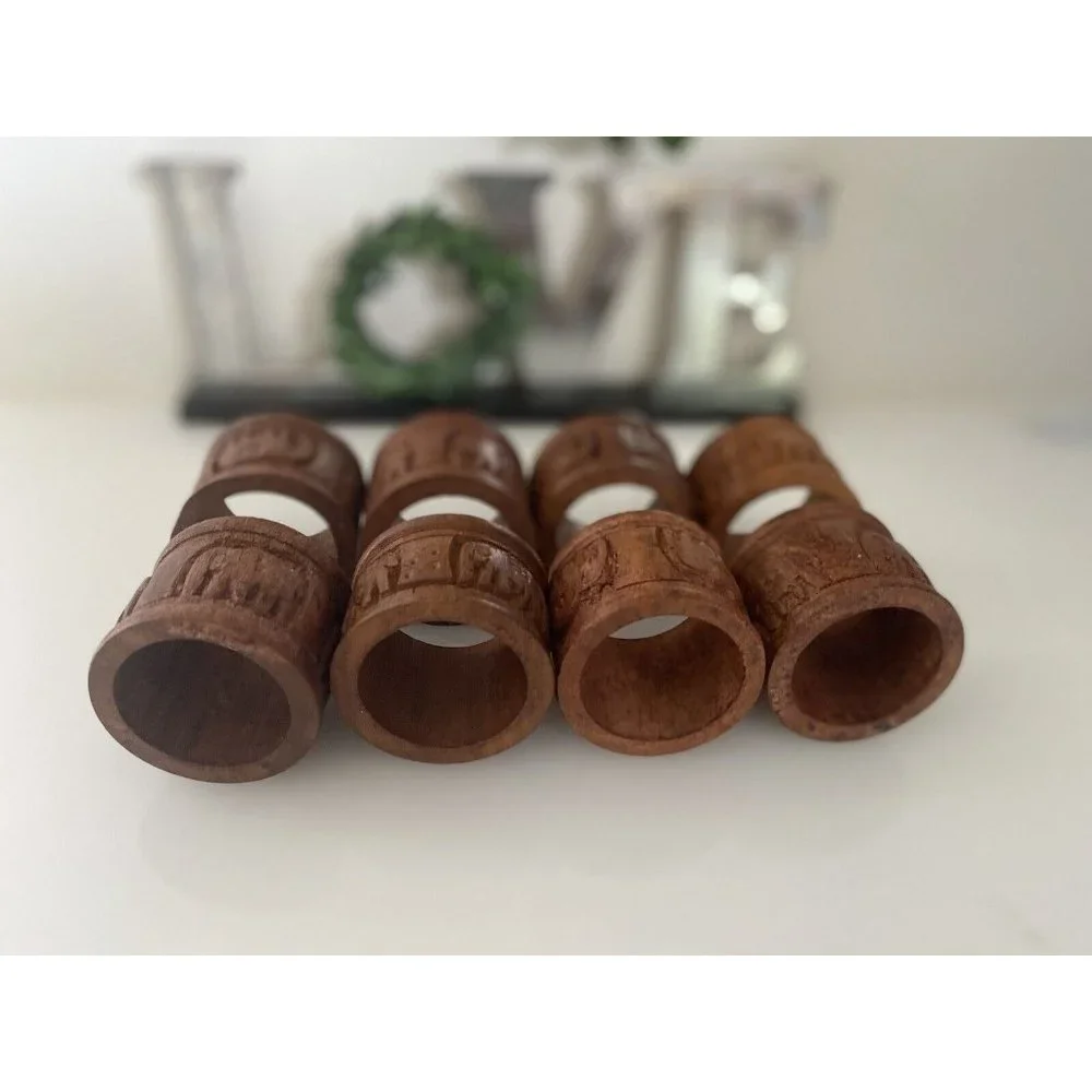 Vintage Elephant Retro Boho Hand Carved Wood Napkin Rings Holders India Set Of 8